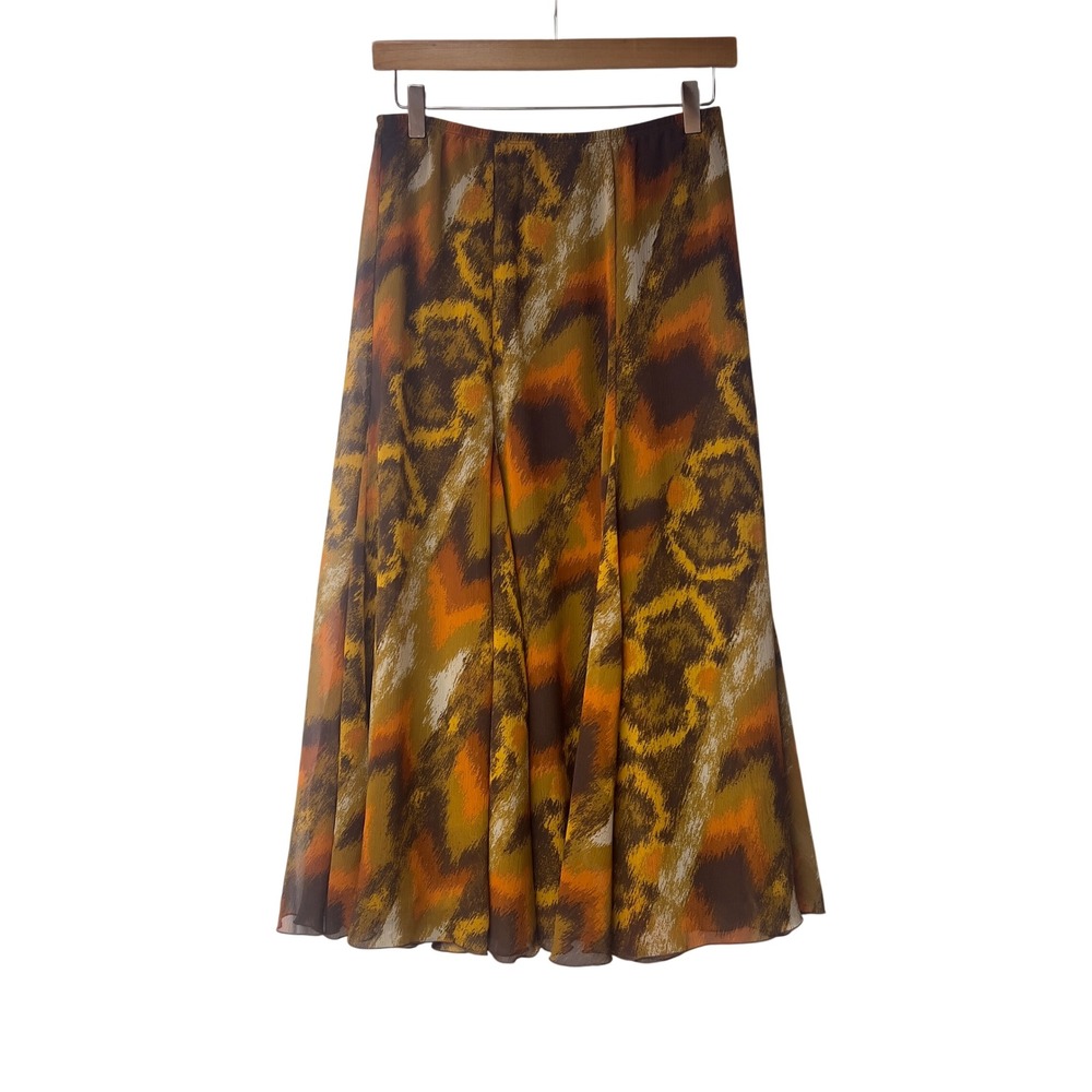 Ruby Rd. Petite Brown Orange Abstract‎ Print Midi Skirt 4P Elastic Waist Boho